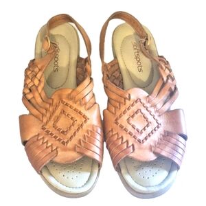 Softspots Tela Leather Brown Beige Woven Cushioned Sandals Womens Size 8M GUC